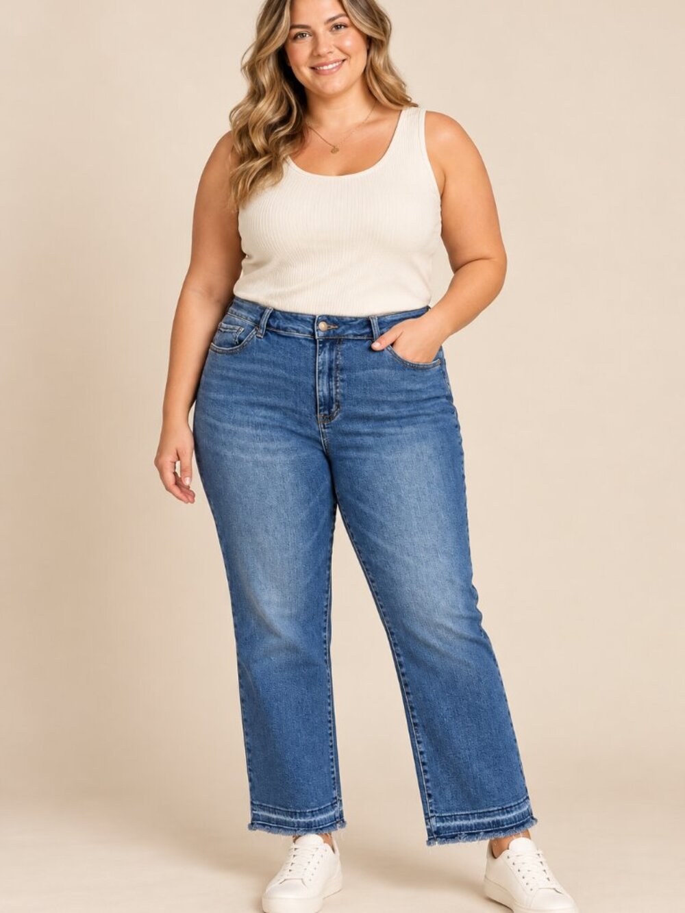 Judy Blue Medium Wash Jeans with Frayed Hems — Size 18